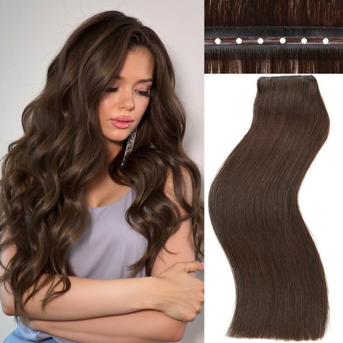 FANCEE Butterfly Genius OVO Weft - Simulated Scalp Human Hair Extensions, Double Invisible Weft with Micro Bead, 100% Remy Human Hair, 14 Inch Brown, 100g (7 Pieces)