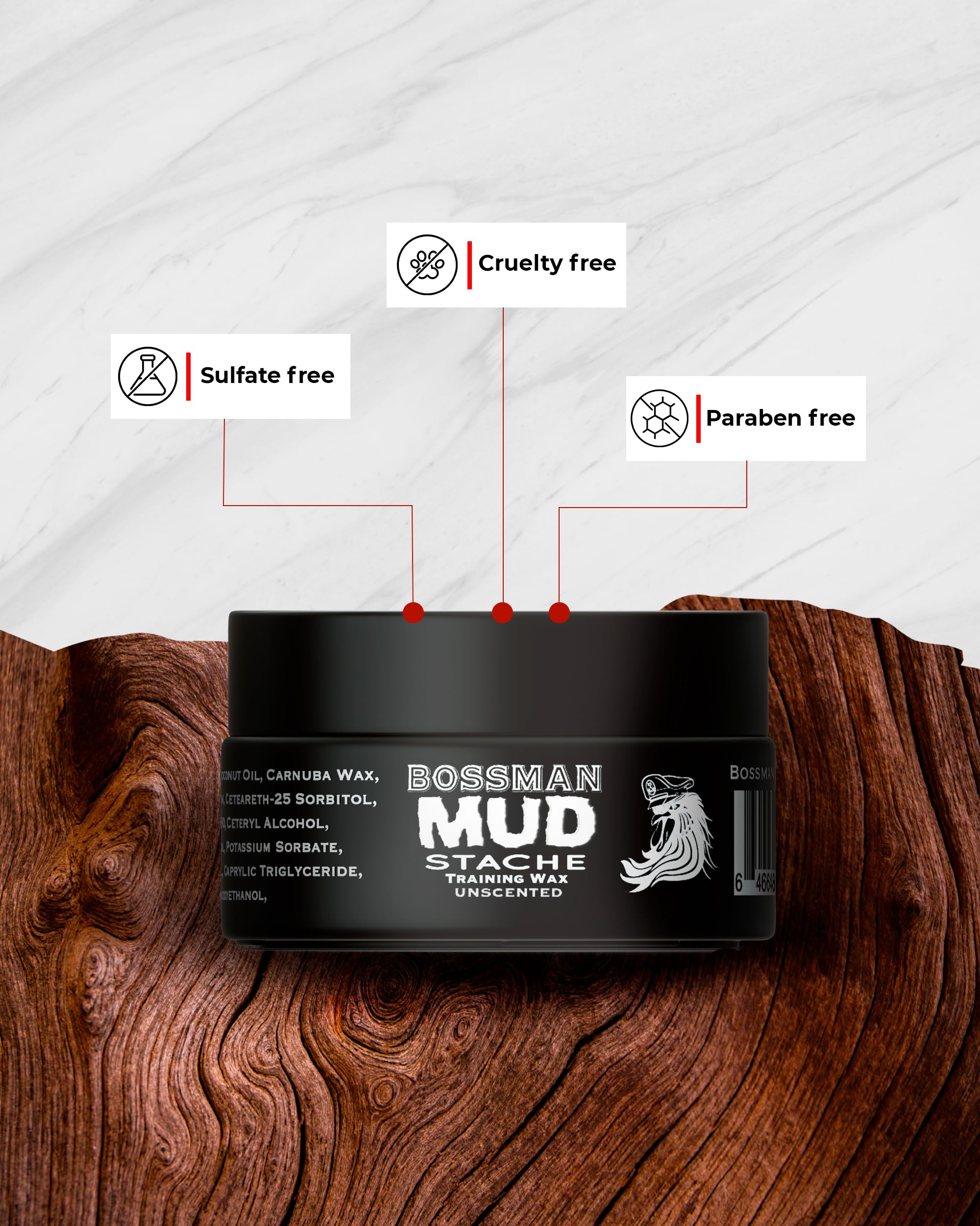 Bossman MUDstache Unscented Mustache Wax for Men (3 oz) - 3 Pack - Strong 24-Hour Hold, Non-Tacky & Easy to Apply for Taming & Styling