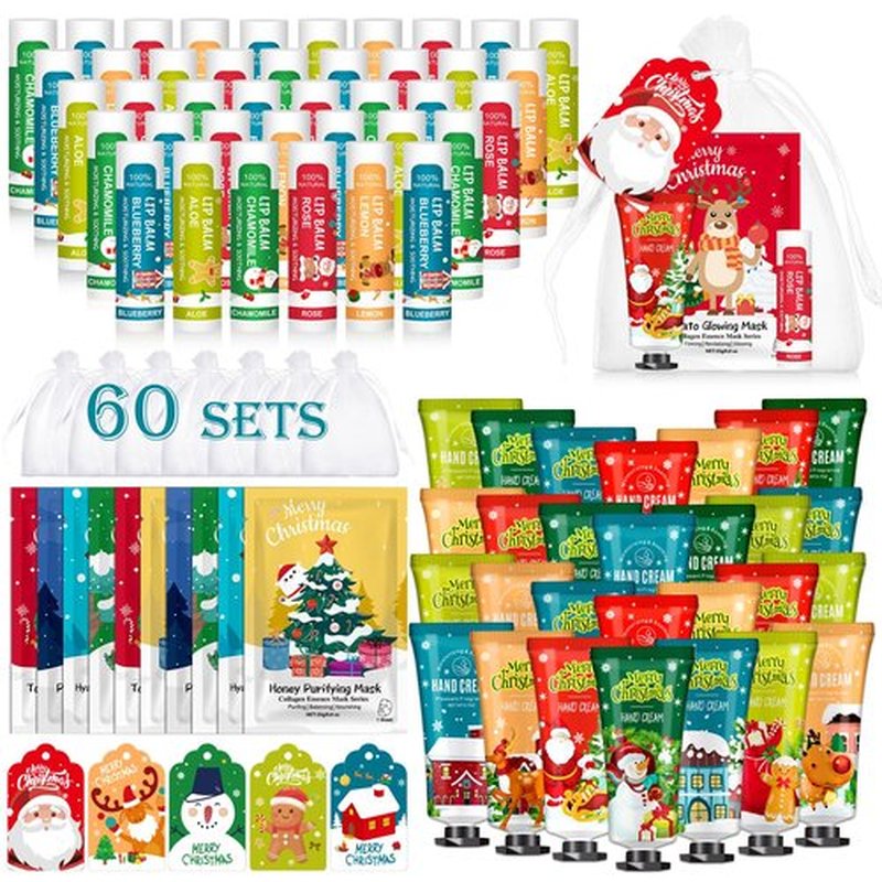 KONEUK 60 Pack Christmas Hand Cream, Facial Mask and Lip Balm Set, Stocking Stuffers for Women, Bulk Christmas Gifts for Coworkers, Party Supplies, Spa Party Favors and Decorations