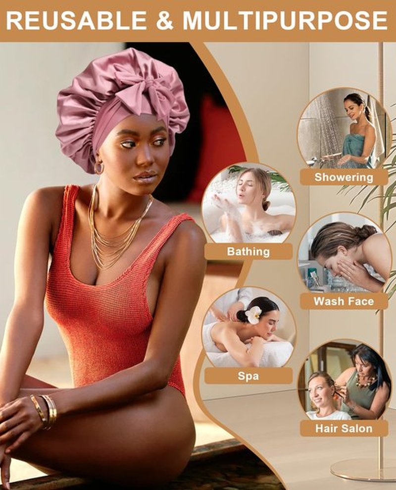 Extra Large Satin Bonnet for Sleeping Jumbo Silk Bonnet Double Layer Hair Bonnet for Women with Elastic Tie Band Sleep Wrap for Braids Curly Hair(Bean Paste + Pink)