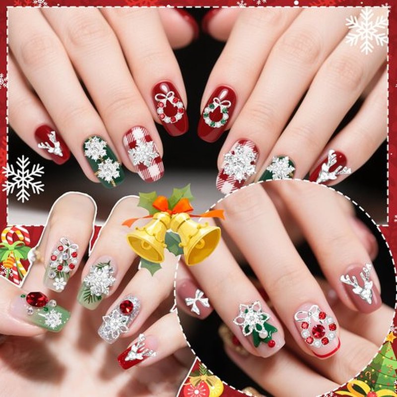 58 Pcs Christmas Nail Charms, Snowflake Bow Nail Charm, Wreath Elk Bow Silver Nail Charms, Xmas-Themed Alloy Silver Nails Art Charm for Christmas Nails DIY Design Craft