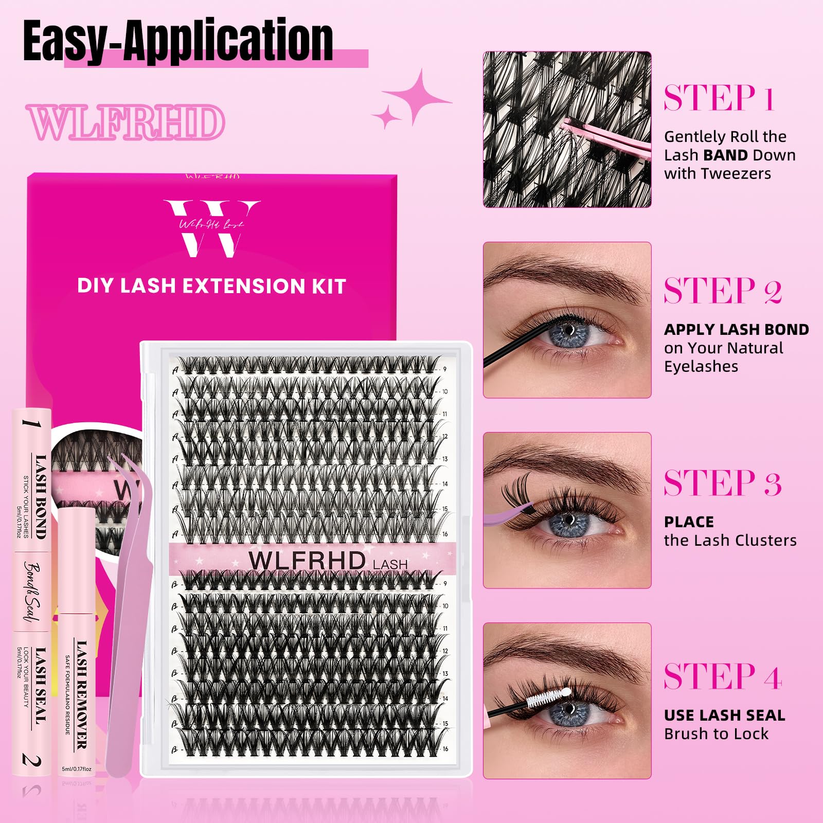 WLFRHD Lash Clusters Kit 320 Pcs D Curl DIY Natural Wispy Lashes Eyelashes Clusters Eyelash Extension Kit with Eyelash Bond and Seal, Remover & Tweezers (30D+40D, Mix9-16mm Kit)