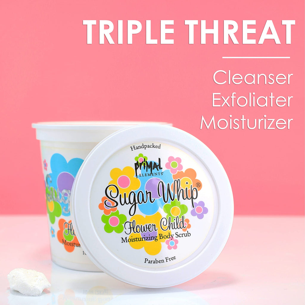 Primal Elements Sugar Scrub, Exfoliating Sugar Whip, Face and Body Cleanser, Moisturizer, Flower Child, 10 oz Package
