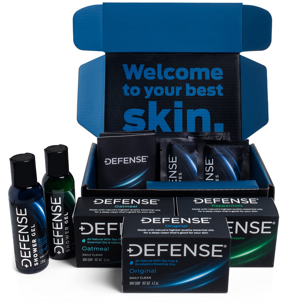 Defense Soap Variety Gift Set | Tea Tree, Peppermint, Oatmeal All Natural Bar Soap, Travel Body Wash, Individual Body Wipes