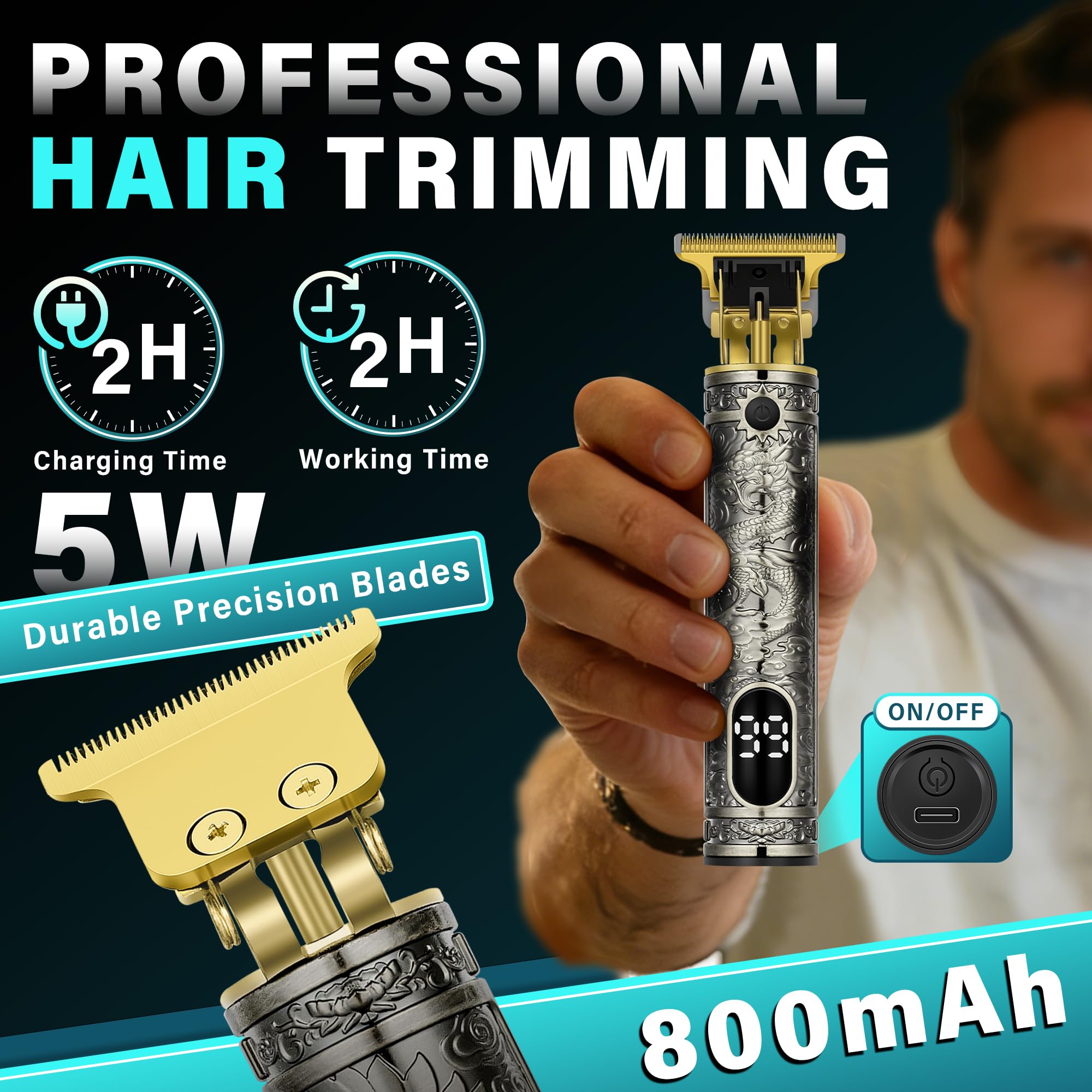 LQT Hair Clippers for Men with LED Power Display, 4-Piece Professional Grooming Kit with Hair Clipper, Detail Trimmer, Foil Shaver & Nose Trimmer, Complete Cordless Set for Home Barber Use