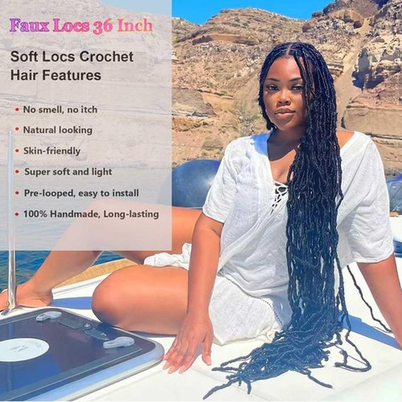7 Packs 36 Inch Soft Locs Crochet Hair Pre Looped Curly Wavy Distressed Faux Locs for Butterfly Locs Crochet Braids for Black Women (1B, 36 Inch(pack of 7))