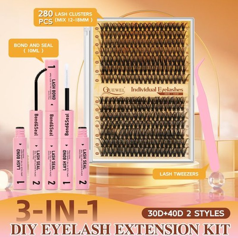 QUEWEL Lash Clusters Kit, 280 Pcs Lash Clusters 30D 40D 12-18mm Thin Band Lashes Clusters Natural Look Eyelash Extension Kit With Lashes Bond Seal Eyelashes Tweezers (LSTZ-30D+40D)