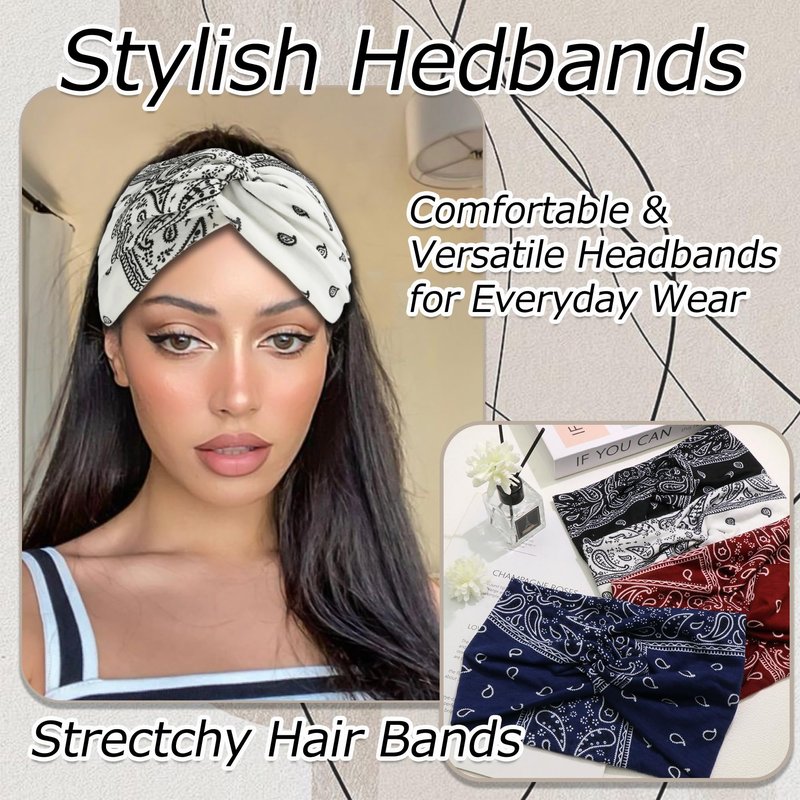 ZUYASEZ 4 Pack Wide Headbands for Women Paisley Twist Hair Bands Stretchy Cross Head Turban Bandana Valentine's Day Non Slip Exercise Hair Wraps Accessories