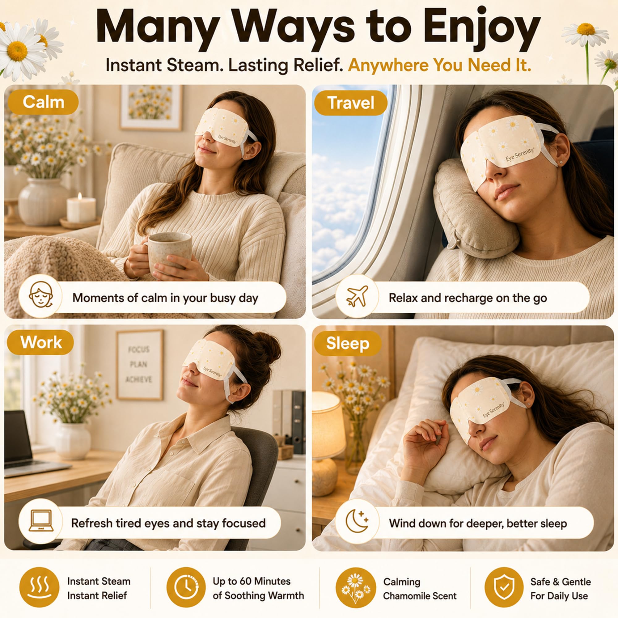 Lure Essentials Steam Eye Mask, Heated Eye Mask, Self Heating Warm Compress for Dry Eyes, Fast Relief for Stye, Puffy Sensitive Eyes, Moist Heat, Relaxation Gifts for Women and Men - Chamomile