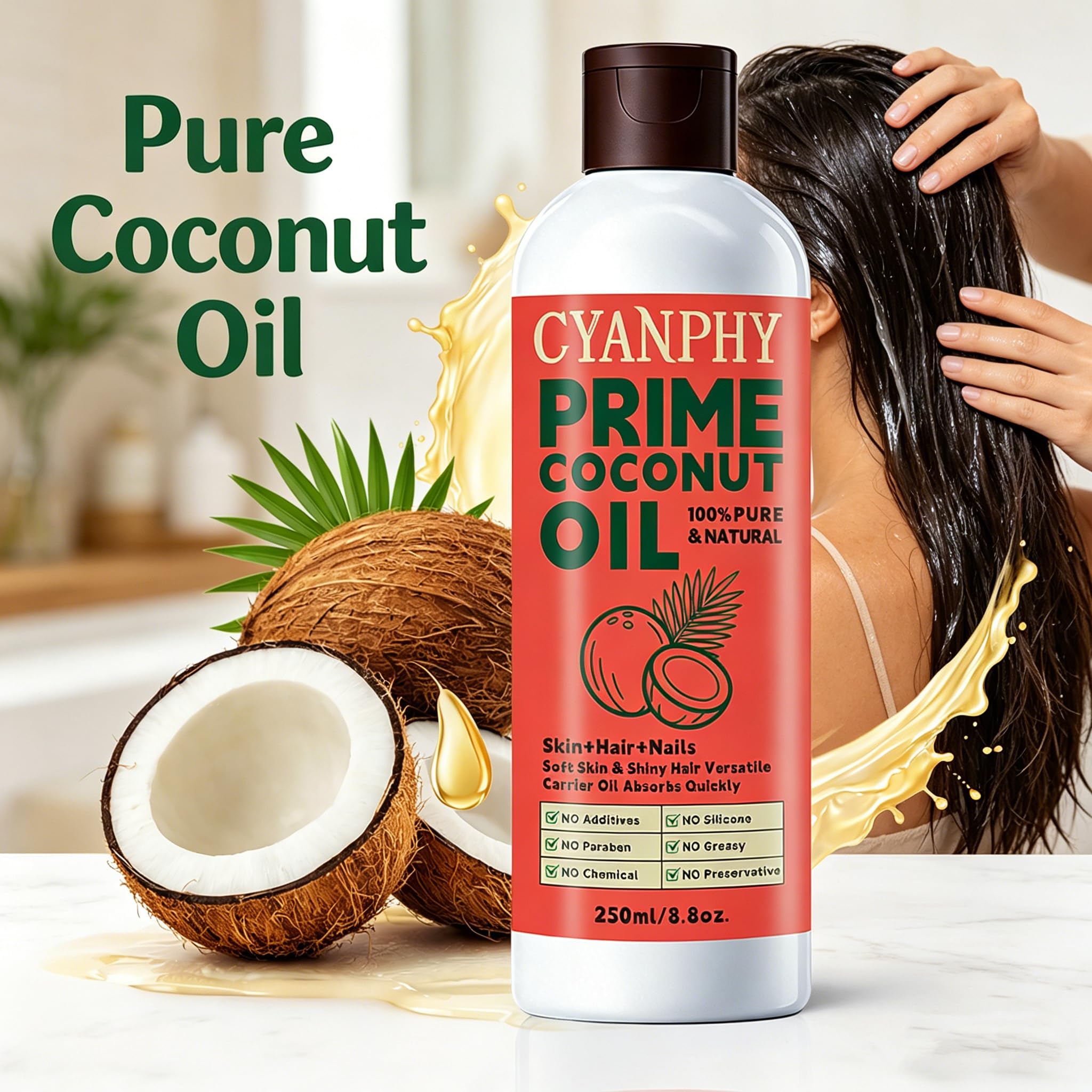 CYANPHY Natural & Organic Coconut Oil for Face, Body, Nail & Hair Care, Ultra-Hydrating Body Massage Essential Oil Moisturizes and Nourishes, Vegan & Cruelty Free, Hexane Free Carrier Oil 8.8OZ