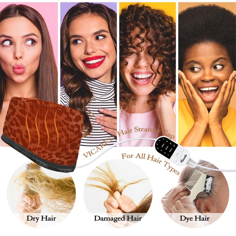 VICARKO Hair Steamer for Deep Conditioning, 10-Level Heats Up Quickly, 118” Power Cord, Heating Cap Hot Oil Treatment Heat, Electric Thermal Heated Steam for Natural Black Hair, Animal Print