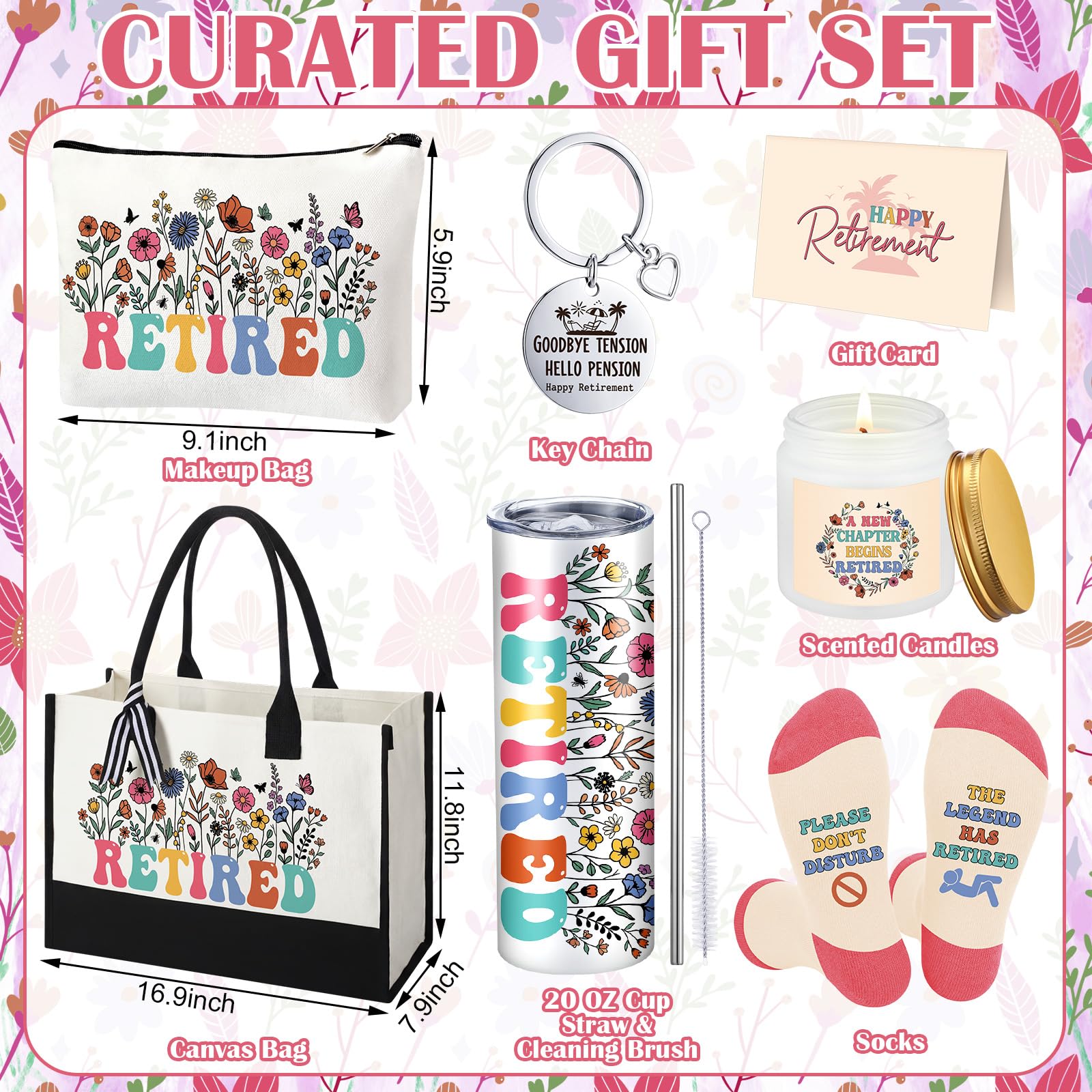 Patelai 7 Pcs Retirement Gifts for Women 2026,Happy Retirement Gift with 20oz Tumbler Tote Bag Socks Candle Cool Retired Gifts for Mom Teacher Nurse Coworker Boss Grandma End of School Year