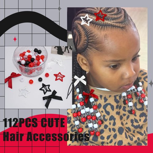 Arocooy 112PCS Hair Beads for Braids Satin Mini Hair Bows Red Non Slip Star Hair Clip 3 Styles Loc Dreadlock Large Pony Beads Hair Accessories for Girls Kids