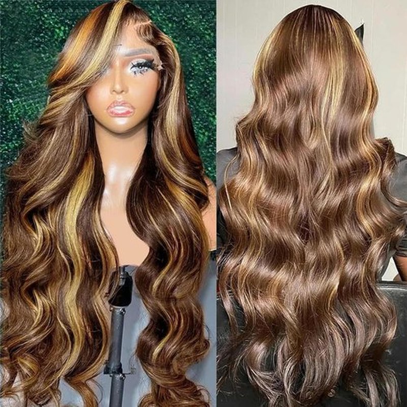 Mocwavy 13x6 Body Wave 200% Density Highlight Ombre Lace Front Wig Human Hair Glueless 24 inch HD Transparent 4/27 Honey Blonde Lace Frontal Wigs Human Hair Pre Plucked With Baby Hair