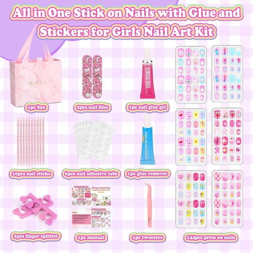 144 Pcs Press on Nails for Kids 10-12, Fake Nails for Girls with Glue & Sticky Tabs, Short Kids Glue on Nails with Cute Designs, Nails Art Gift Set for Girls, Teens & Women