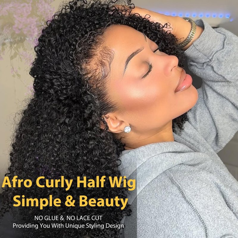 V SHOW Afro Curly Half Wig Human Hair 180% Density Wear Go Glueless Wigs Human Hair 18 Inch Curly 3 In 1 Half Wigs for Women Drawstring Seamless Flip Headband Wig Beginner Friendly