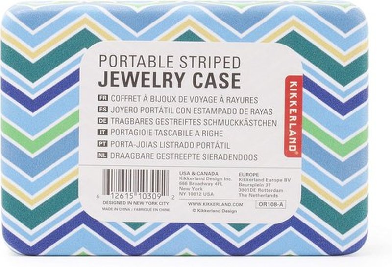 Kikkerland Portable Travel Jewelry Storage Case with Mirror - Striped Design, Compact Size