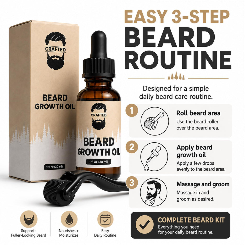 Crafted Beard Growth Kit - Grow a Thicker, Fuller Beard - Complete 3-Month Set with Oils, Roller, and Vitamins (1 Month Kit)