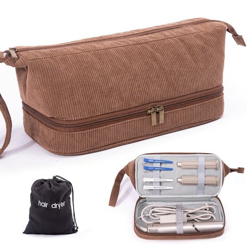 ELCUPA Hair Tools Travel Case - Double-Layer Organizer for Hair Dryer, Curling Iron & Attachments - Brown Corduroy with Zipper Closure & Top Handle