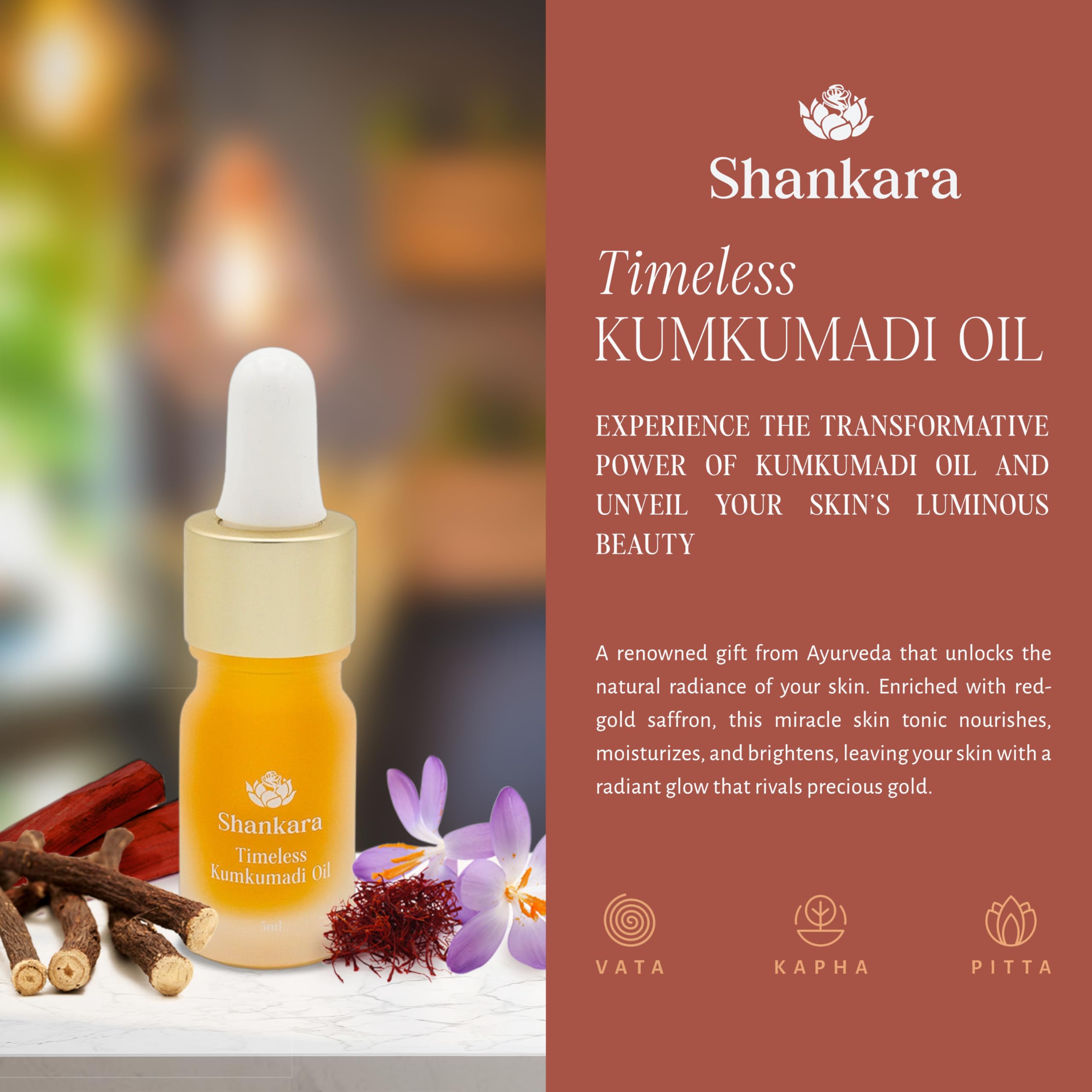 Shankara Kumkumadi Oil for Face - Pure Saffron with 32 Ayurvedic Flowers – Gua Sha Facial Oil for Glowing Skin – (5ml) Timeless Kumkumadi Tailam Original Scent – Moisturizing and Hydrating