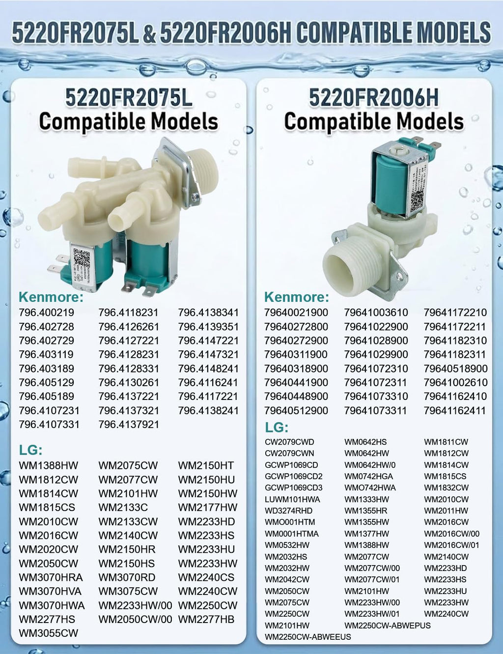 5220FR2075L (Cold) & 5220FR2006H (Hot) Washer Water Inlet Valve Replacement for L-G & Kenm-ore, Replaces 5221ER1003A 5221ER1003C 5220FR2006L Etc.