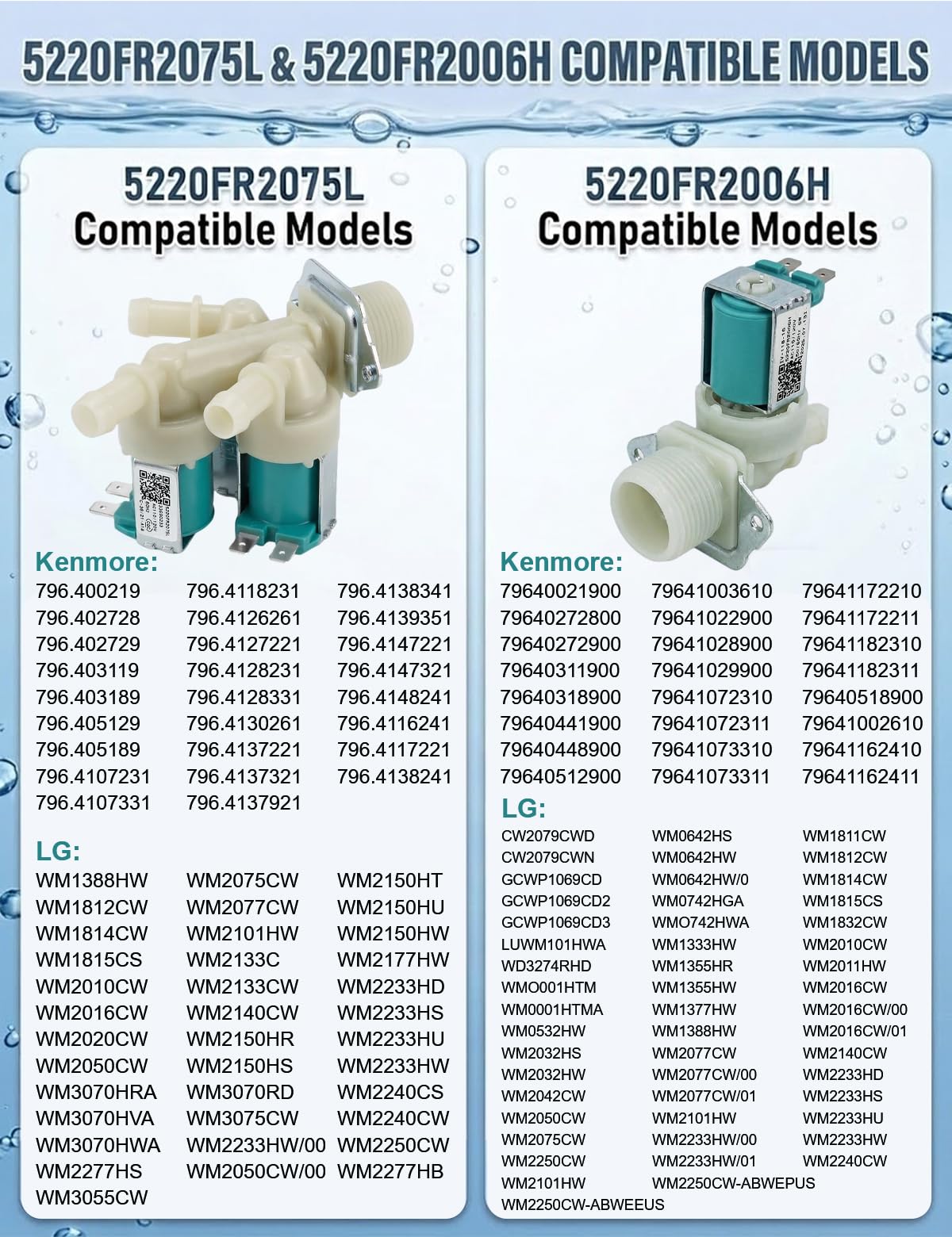 5220FR2075L (Cold) & 5220FR2006H (Hot) Washer Water Inlet Valve Replacement for L-G & Kenm-ore, Replaces 5221ER1003A 5221ER1003C 5220FR2006L Etc.