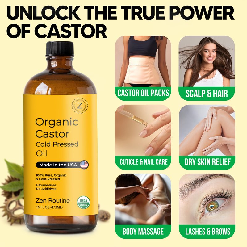 Zen Routine Organic Golden Castor Oil Glass Bottle 16oz (Single) — Hexane Free – Cold Pressed Unrefined – For Hair Growth, Lashes & Castor Pack Wrap – USDA Certified — Made in USA