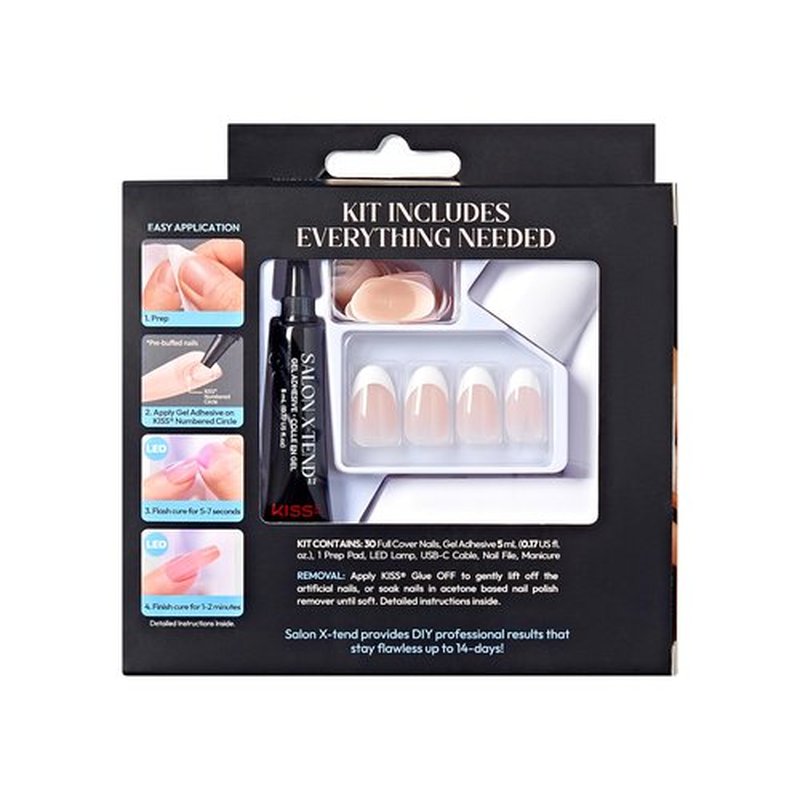 KISS Salon X-tend, Press-On Nails, Nail glue included, Pure', Light White, Medium Size, Oval Shape, Includes 30 Nails, 5Ml Led Soft Gel Adhesive, 1 Led Lamp, 1 Prep Pad, 1 Manicure Stick, 1 Mini File