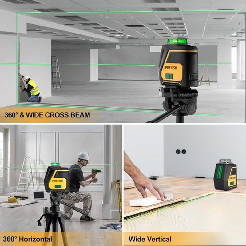 PREXISO 360 Laser Level - Rechargeable Green Vertical Line Laser with Tripod | 100Ft Range & 3 Brightness Settings