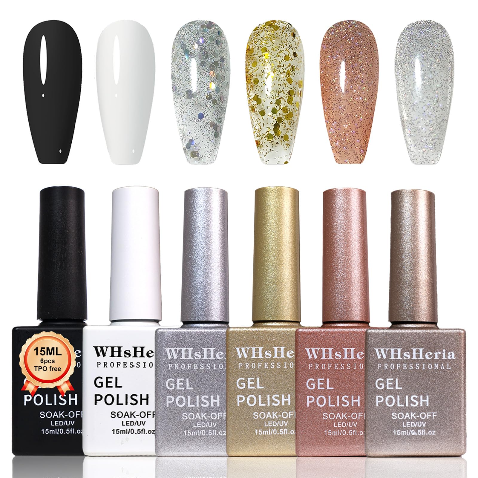 WHsHeria 6Pcs 15ML Novice Suit TPO Free Gel Polish Set Long Lasting Soak Off Gel Nail Polish Kit Nail Art Manicure Salon DIY at Home for Women(Black,white,pink,silver,glitter gold-A)