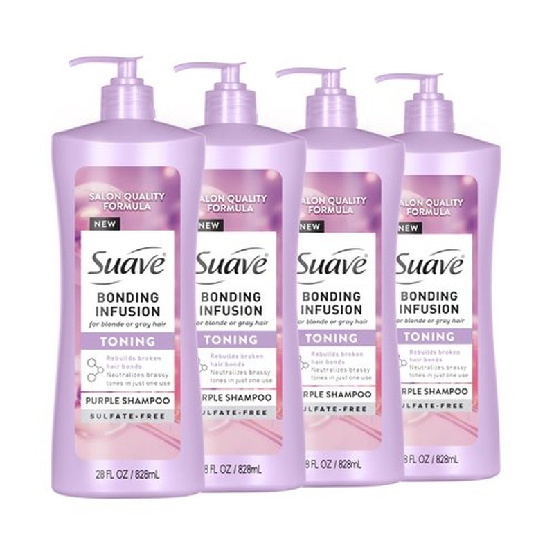 Suave Bonding Infusion Purple Toning Shampoo, for Neutralizing Brassy Tones in Blonde or Gray Hair & Repairing Broken Hair Bonds, 28oz Pump, 4 Pack