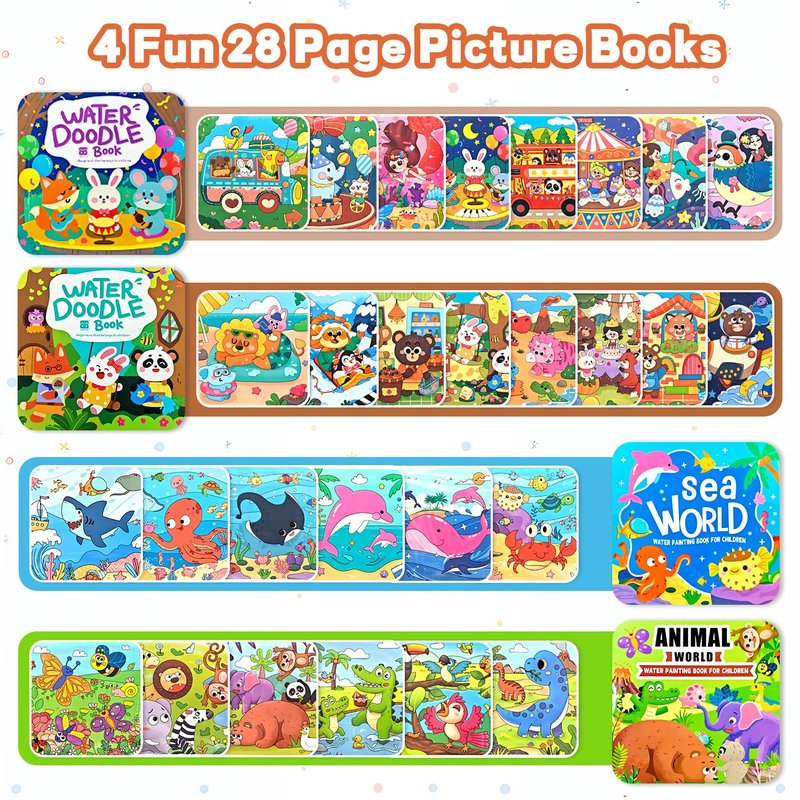 NaTuGi Reusable Magic Water Painting Books for Kids,Watercolor Workbook Coloring Books for Toddler,4 Themes,No Mess Paint Coloring,for Ages 3+ Gift for Boys & Girls Travel Activity Toys (4 Books)
