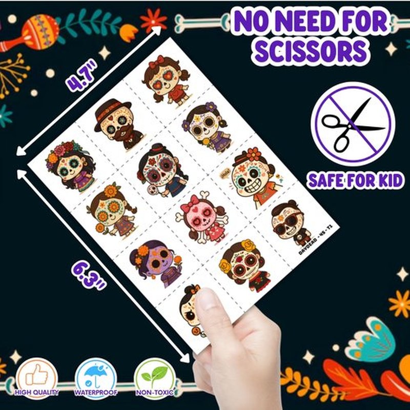 Cherisnowy 72PCS Day of the Dead Party Set | 48PCS Temporary Tattoos & 24PCS Slap Bracelets Fun Día de los Muertos Birthday Supplies, Baby Shower Gifts, Classroom Rewards & Party Decor for Kids