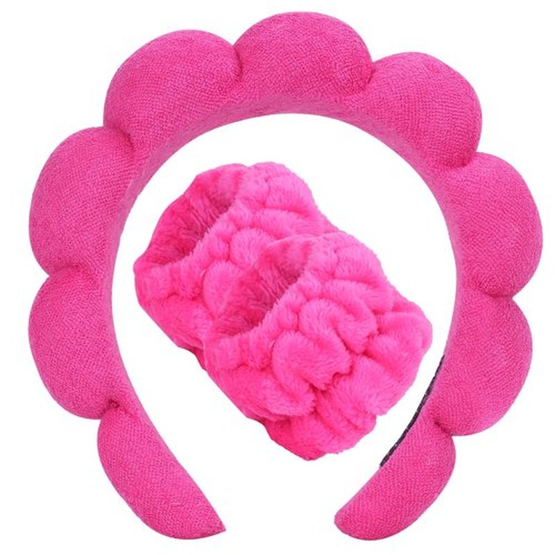 Beleki Spa Headband & Wristband Set - Sponge Terry Cloth Bubble Puffy Hairband - Non Slip Headwear - Hot Pink - 3 Pcs