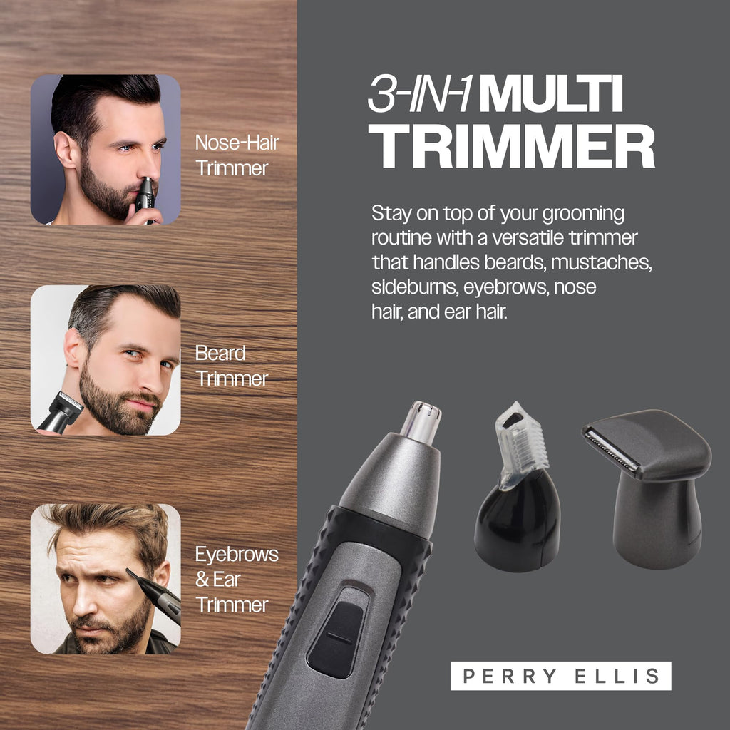 Perry Ellis 3-in-1 Ear, Nose & Facial Hair Trimmer for Men, Cordless Battery-Powered Grooming Tool with Detachable Heads, Antislip Design, Rechargeable Shaver with Cable