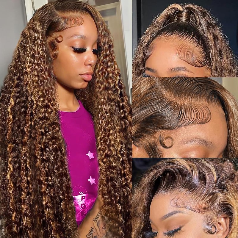 ZZMDS 26 Inch 13x6 4/27 Highlight Deep Wave Lace Front Wigs Human Hair 220 Density Ombre Colored HD Transparent Deep Curly Lace Frontal Wigs Pre Plucked with Baby Hair for Women
