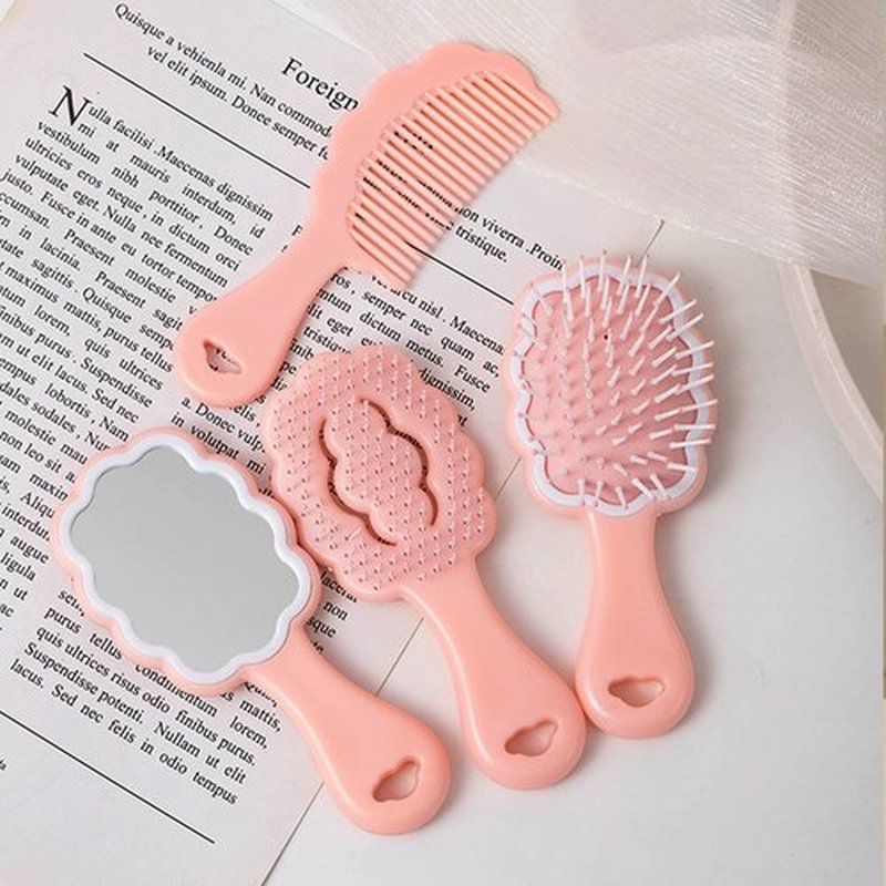 4 Pieces Mini Wet Hair Brush Hair Comb Set For Women Girls Kids Gift Small Cute Cloud shaped Hair Comb Hair Brush Handheld Mirror Set Travel Detangling Comb Massage HairBrush with Air Cushion (Pink)