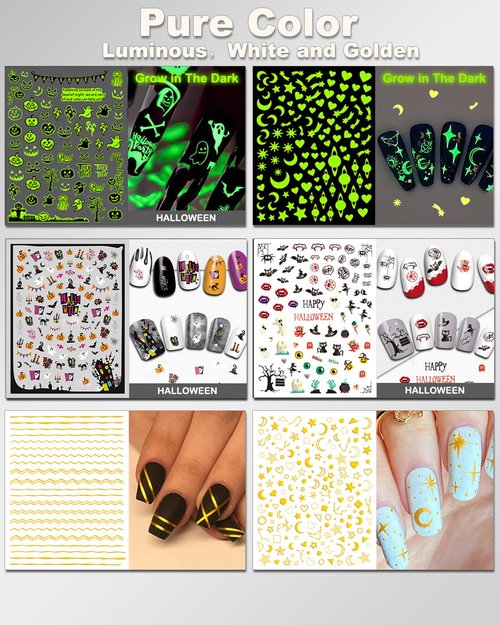 IDDFEVE 36 Sheets Varied Nail Art Stickers, All Holiday Variety Pack Seasonal Nail Decals, Self-Adhesive Pegatinas Uñas Colorful Design for Flowers Butterflies Luminous Star Halloween Christmas
