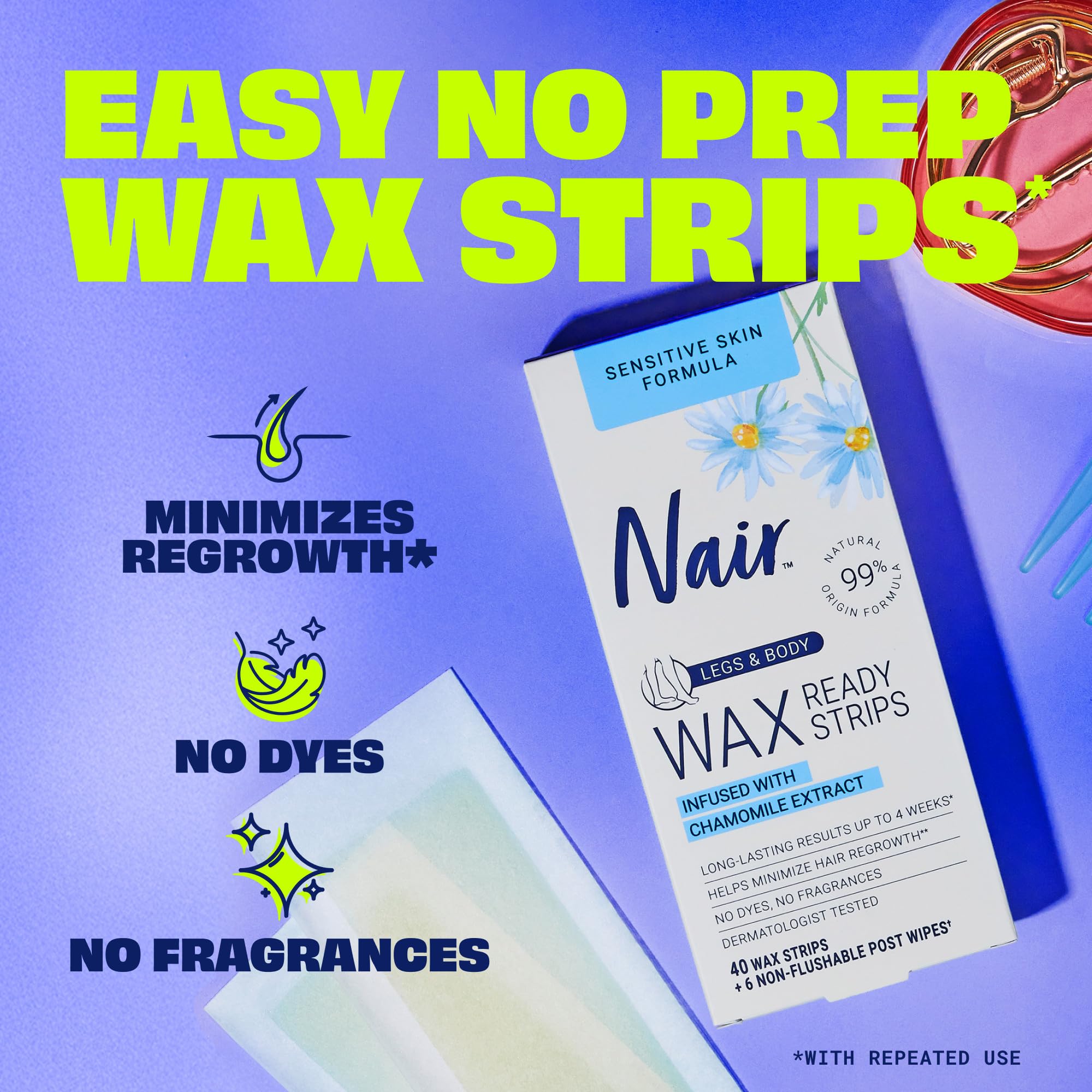 Nair Sensitive Hair Remover Mess-Free Wax Ready Strips, Legs and Body Easy Hair Removal Wax Strips for Sensitive Skin, Chamomile Extract, Dermatologist Tested, Plus 6 Post Wipes, 40 Count (Pack of 2)
