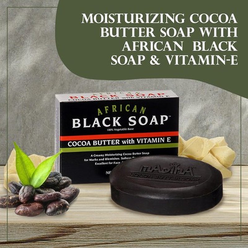 Madina African Black Soap Bar – Cocoa Butter, Vitamin E, Moisturizing, Skin-Restoring, Marks & Blemishes, Face & Body Cleanser, 100% Vegetable-Based, Halal, 6 Pack (3.5 oz Each)