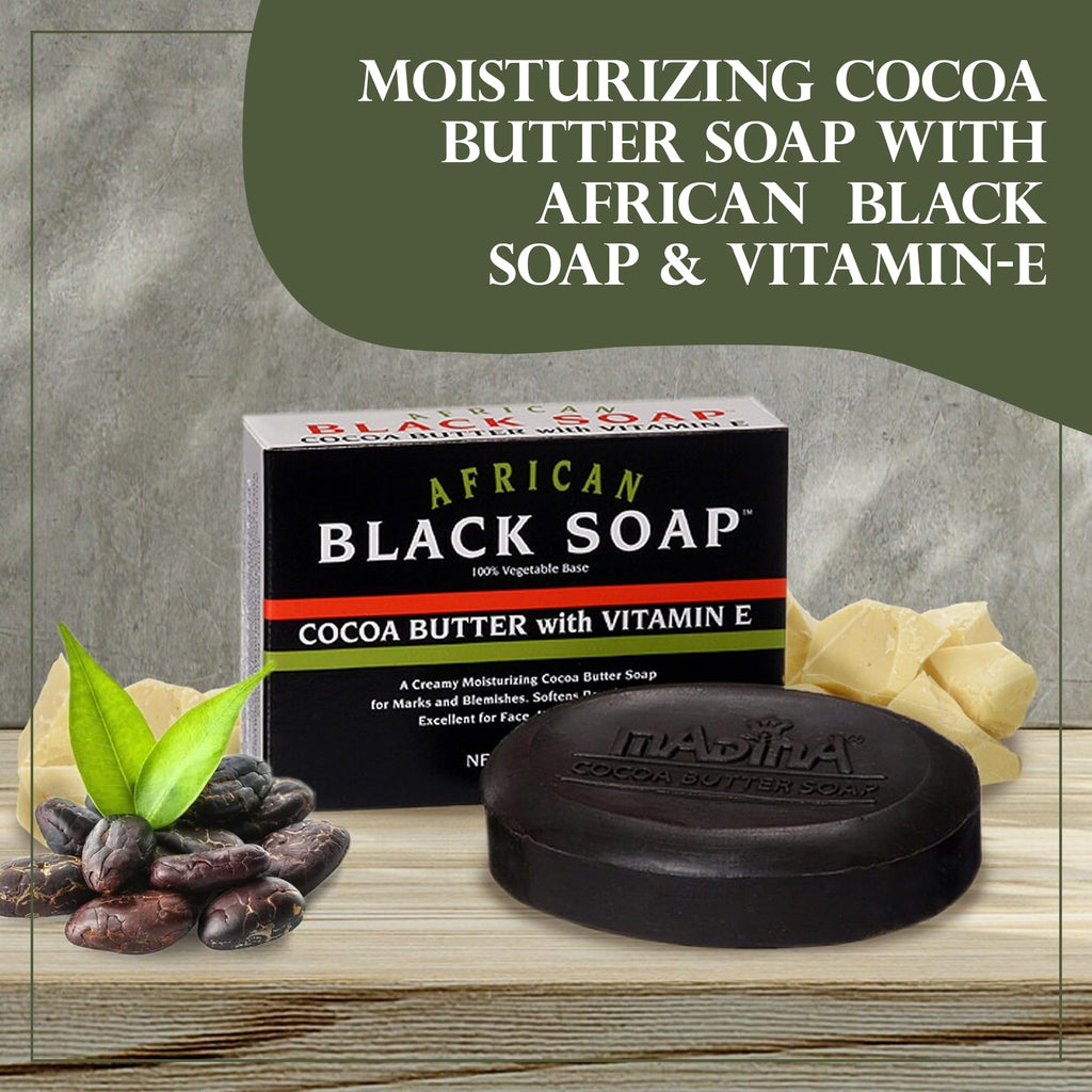Madina African Black Soap Bar – Cocoa Butter, Vitamin E, Moisturizing, Skin-Restoring, Marks & Blemishes, Face & Body Cleanser, 100% Vegetable-Based, Halal, 6 Pack (3.5 oz Each)