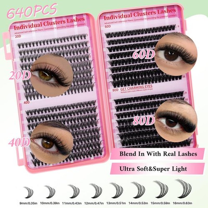 Lash Clusters Kit for Beginners Eyelash Clusters Kit Lashes Clusters Kit Cluster Pestañas Postizas Naturales with Lash Bond&Seal,Lash Tweezers,Brush RITALASH(640pcs 20D+40D+60D+80D Kit,9-16mm)