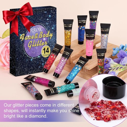 AROIC 14 Colors Body Glitter, Face & Hair Glitter Gel Set for Festival, Eye Shimmer for Women Glow in the Dark Rave Accessories Party Supplies, Face Paint Hair/Cheek/Eyelid Sparkle Makeup-18ml/Tube