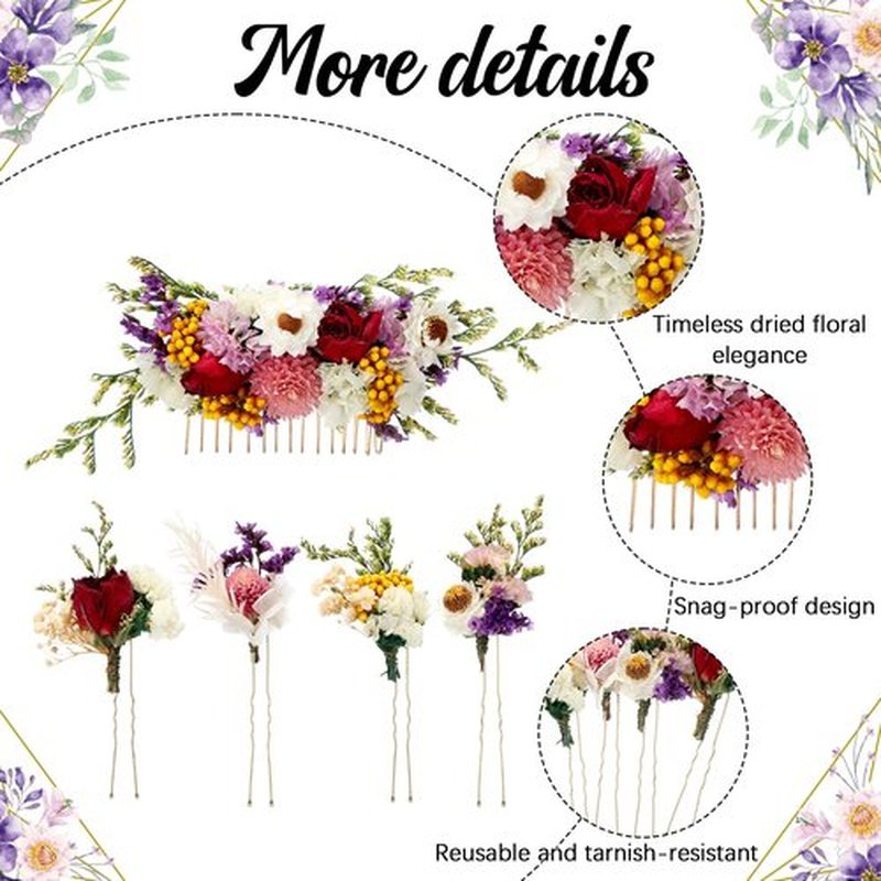 Suncalla 5 Pcs Purple Dried Flower Hair Pins and Comb for Wedding with Baby Breath Roses Hydrangeas for Women Girls Bride Bridesmaid Bachelorette Party Bridal Shower(Fresh)