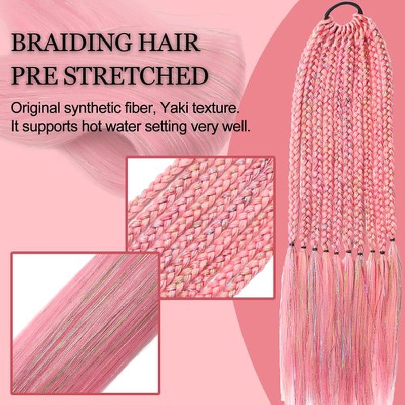 Pink with Tinsel Braiding Hair Pre Stretched 2 Packs 26 Inches Box Braids Hair Extensions Synthetic Pre Stretched Braiding Hair