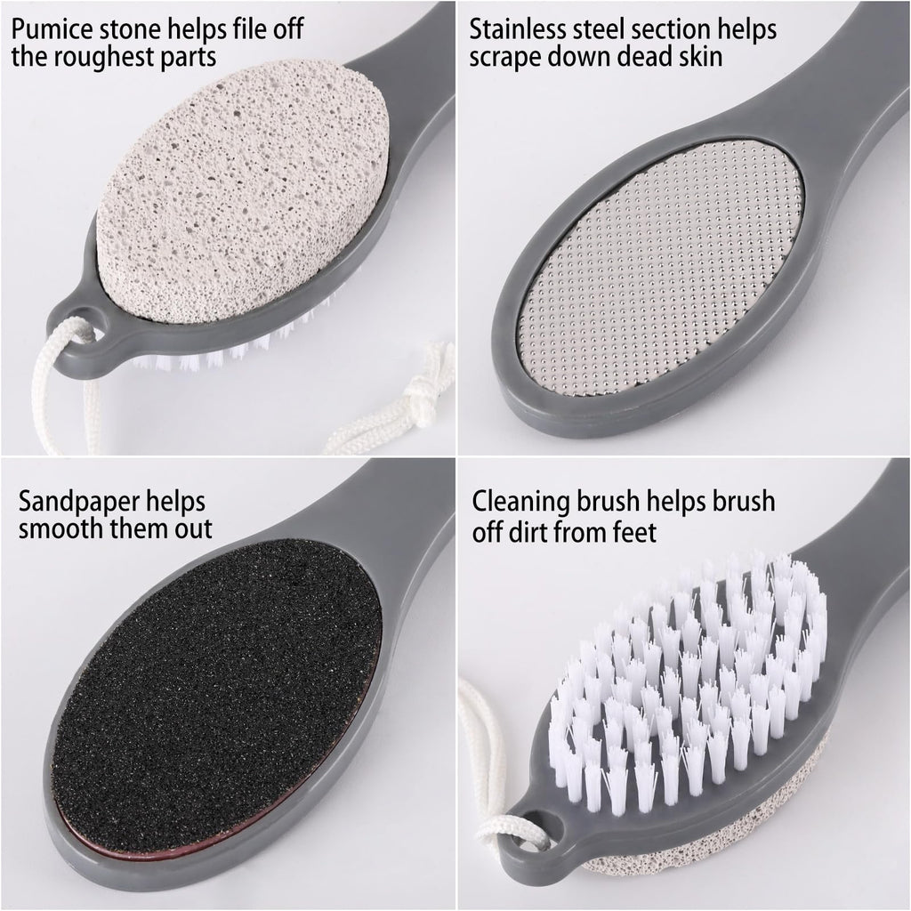 2 Pcs 4 in 1 Foot Scrubber Dead Skin Remover for Feet, Including Foot Files, Heel Scraper, Foot Brush and Pumice Stone, Multi Purpose Foot Callus Remover Pedicure Tools
