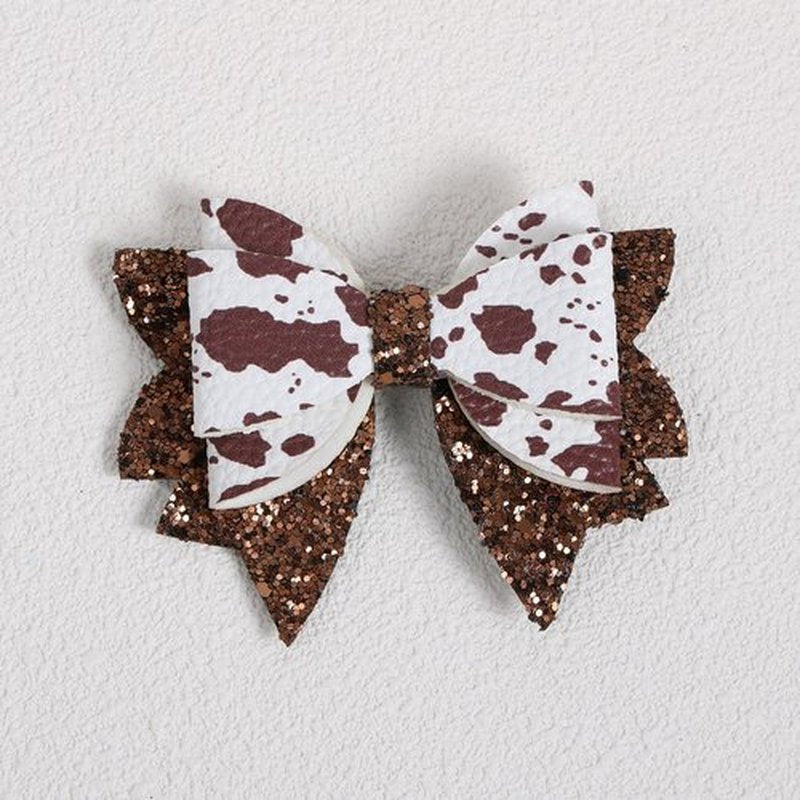 2 Pack 3.5-Inch Glitter Sparkly Brown Cow Hair Bow Clips for Western Cowgirls Cute Moo Cow Alligator Hairpins Barrettes Toddler Teens Women Kids Birthday Party Decorations Gift