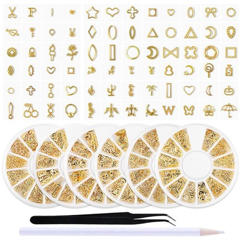 SILPECWEE 6 Boxes 3D Gold Nail Charms Hollow Metal Nail Studs Star Moon Heart Beach Nail Art Charms Nail Jewels Charms for Nails Design Nail Decoration for Acrylic Nails Accessories