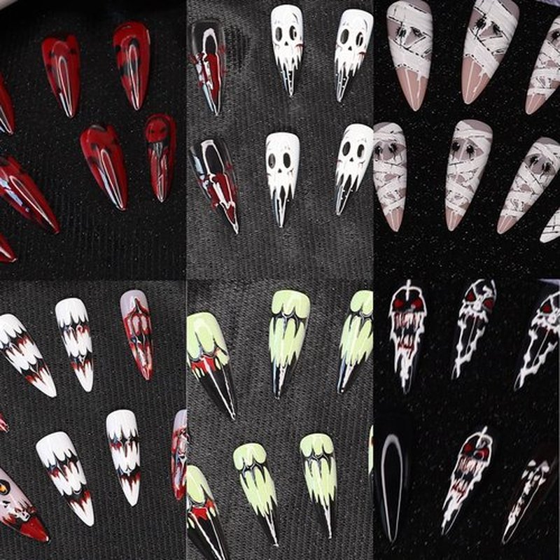 6 Packs 144Pcs Halloween Acrylic Press on Nails Kit, Reusable Full Cover Fake Nails, Stick on Glue on False Nails for Women & Girls