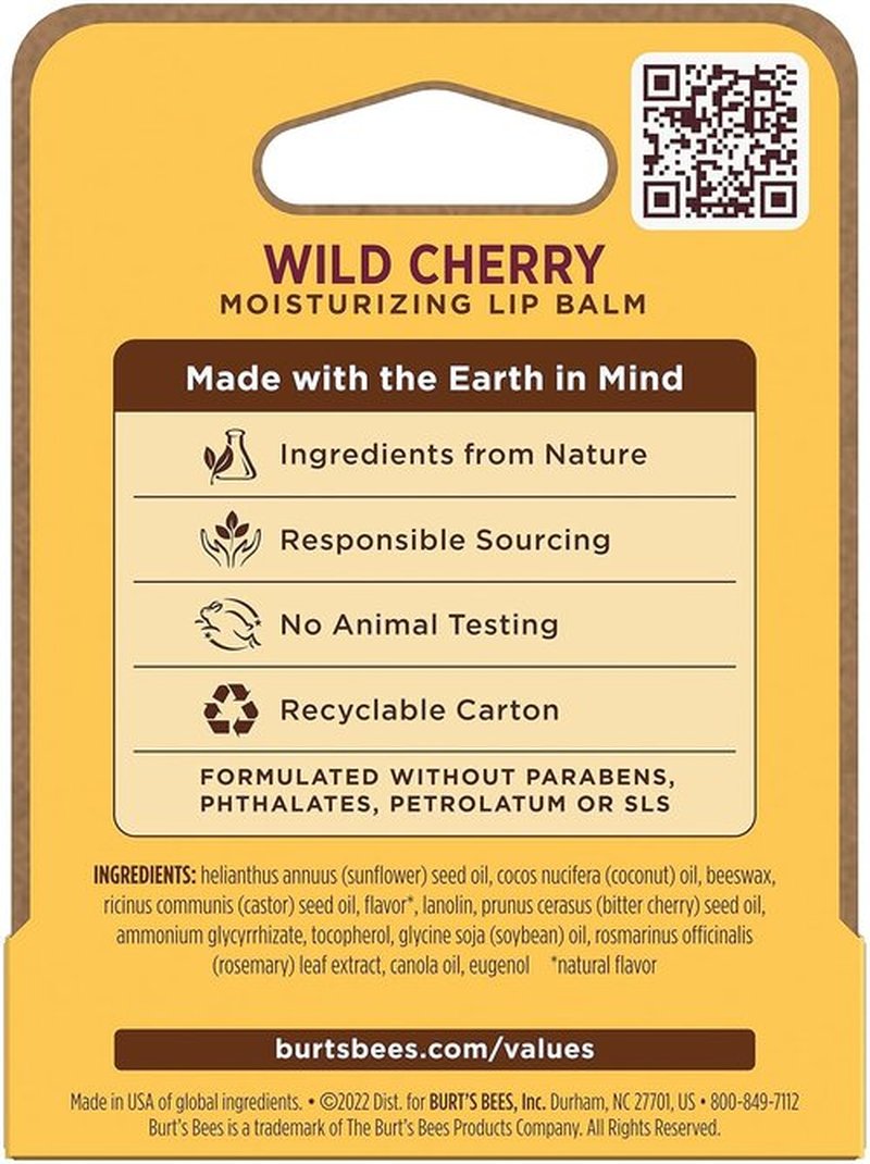 Burt’s Bees Lip Balm - Wild Cherry Flavor, Nourishing Hydration | 0.15 Ounce Tube